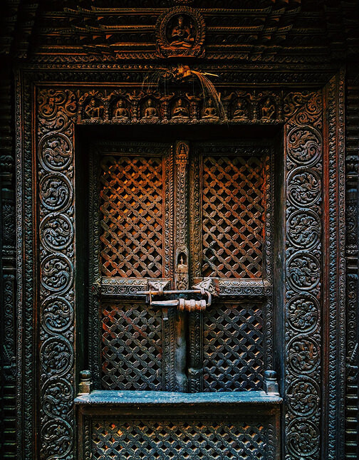 Hand-carved Newari wooden door at The Dwarika's Hotel
