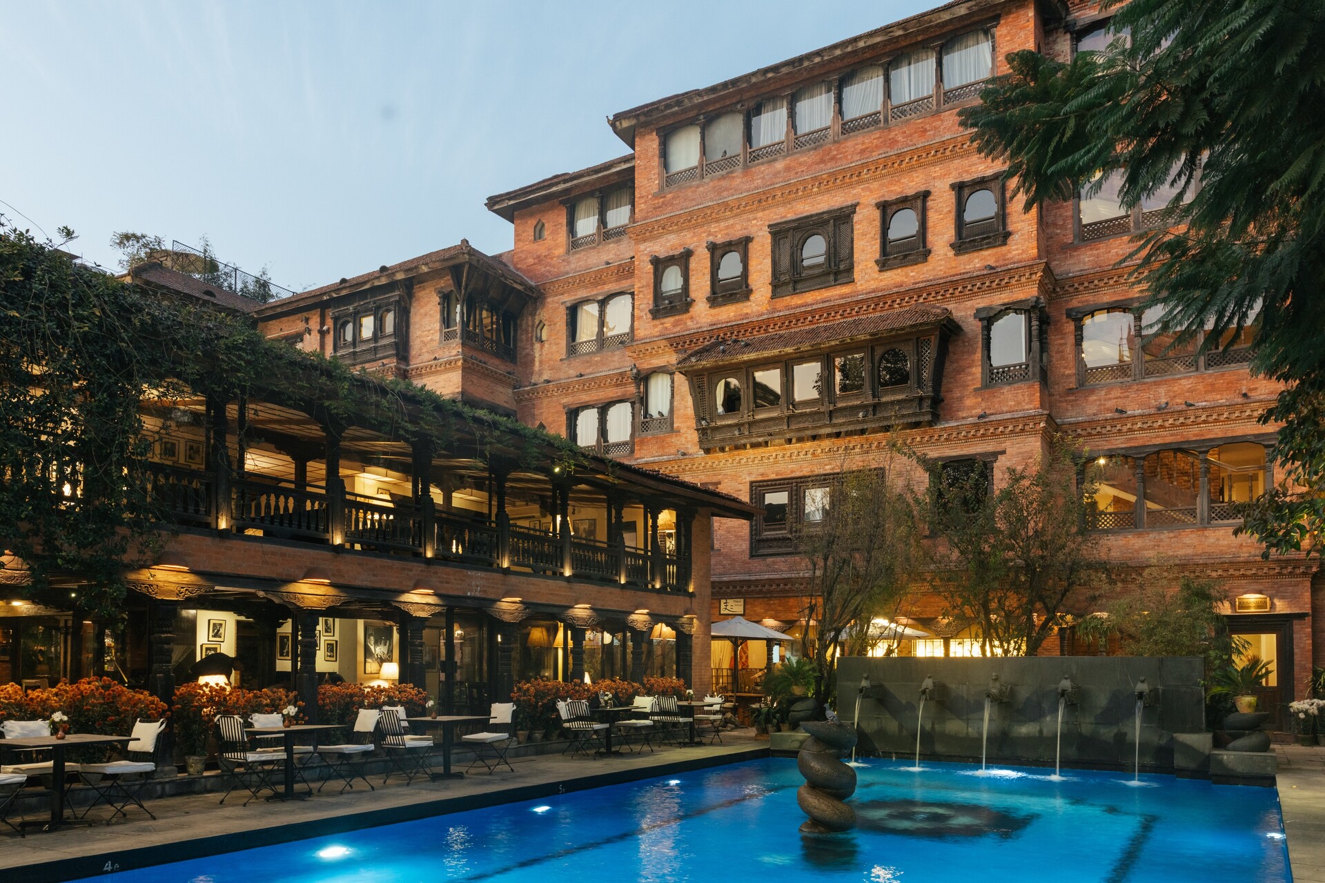 The Dwarika&rsquo;s traditional courtyard with carved pillars and heritage architecture